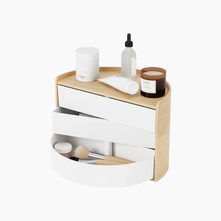 Umbra Moona jewelry box in white and natural with rounded curves