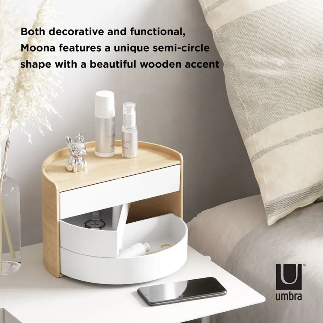 Umbra Moona jewelry box in white and natural with rounded curves