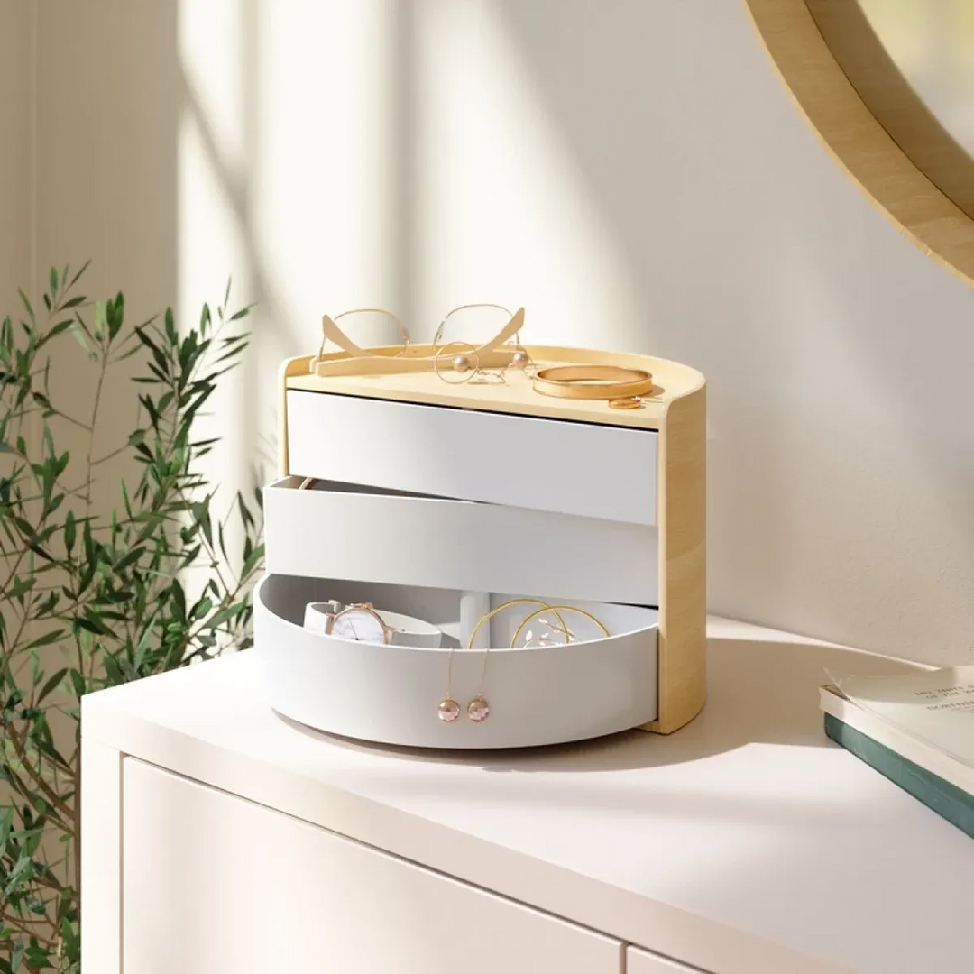 Umbra Moona jewelry box in white and natural with rounded curves