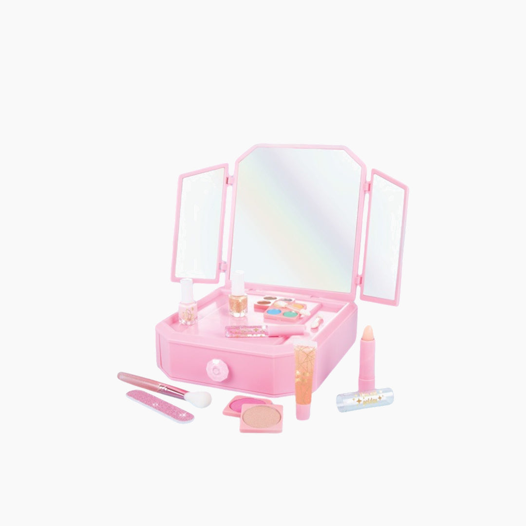 MAKE IT REAL Deluxe Mirrored Vanity &amp; Cosmetic Set with 2 eye shadow palettes, 2 nail polish bottles, and 3 lip gloss tubes.
