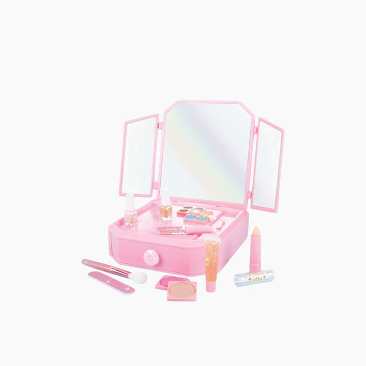 MAKE IT REAL Deluxe Mirrored Vanity &amp; Cosmetic Set with 2 eye shadow palettes, 2 nail polish bottles, and 3 lip gloss tubes.