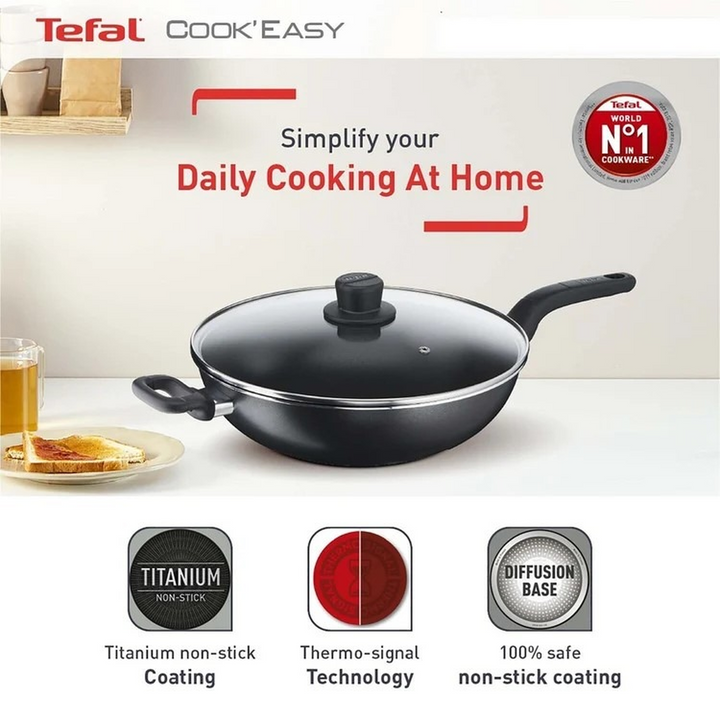 Tefal Cook Easy Black Wokpan 32+Glass Lid