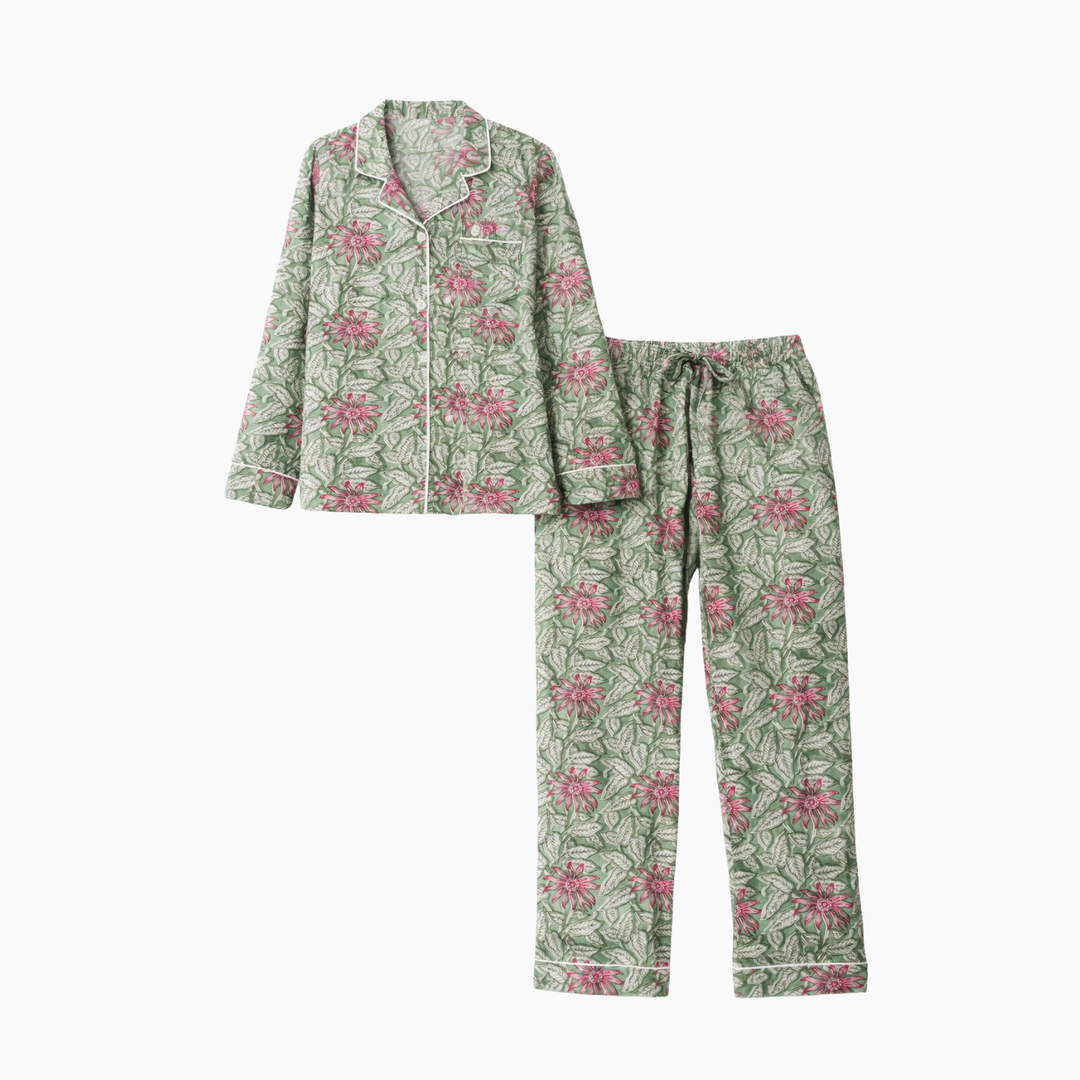 Pink And Green Floral Cotton Block Printed Pajama Set