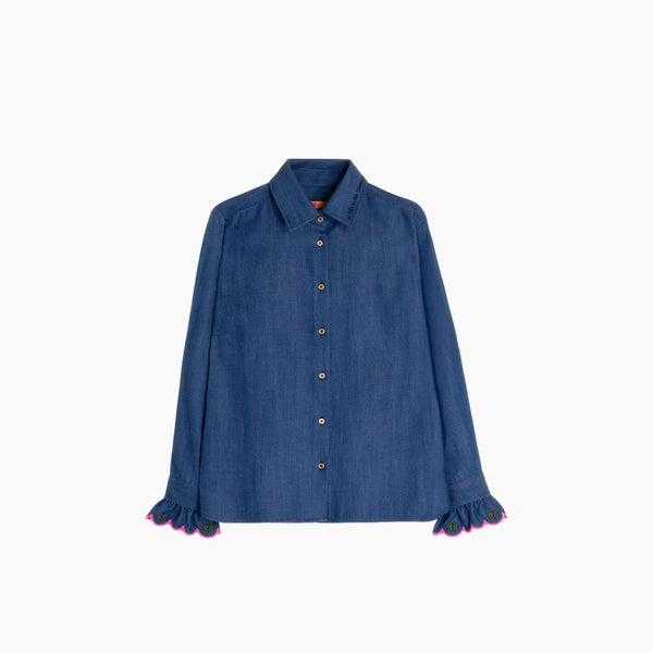Vilagallo Shirt Denim With Fuchsia Wave Embroidery