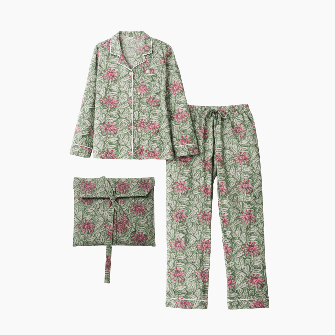 Pink And Green Floral Cotton Block Printed Pajama Set