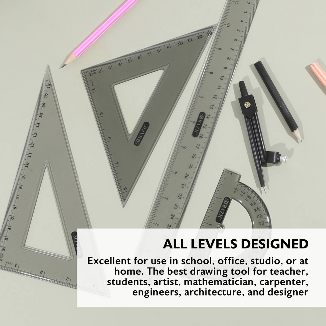 Bazic 4-Piece Geometry Ruler Set with Compass