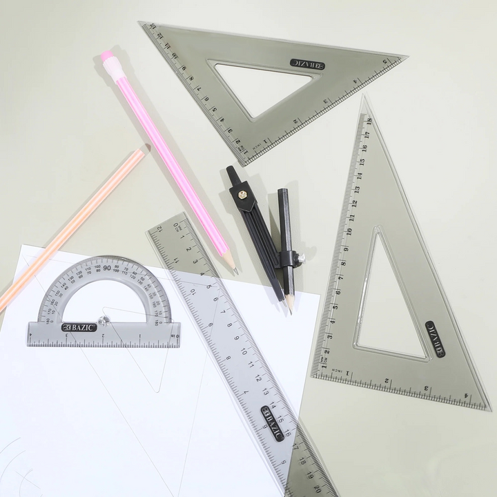 Bazic 4-Piece Geometry Ruler Set with Compass