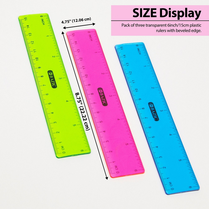 Bazic 6" Plastic Ruler 3-Pack - 15cm