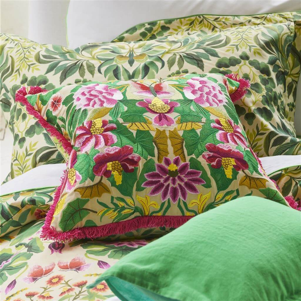 Designers Guild Ikebana Damask Fuchsia Embroidered Throw Pillow - HUNA