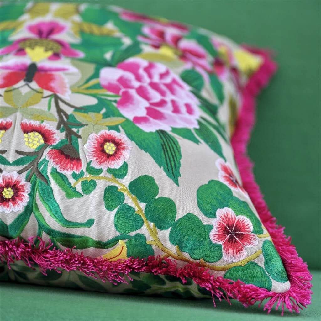 Designers Guild Ikebana Damask Fuchsia Embroidered Throw Pillow - HUNA