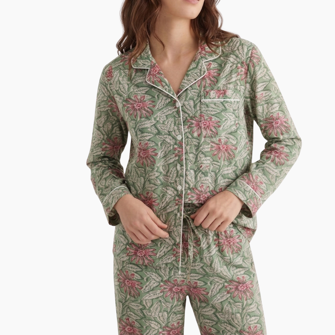 Pink And Green Floral Cotton Block Printed Pajama Set