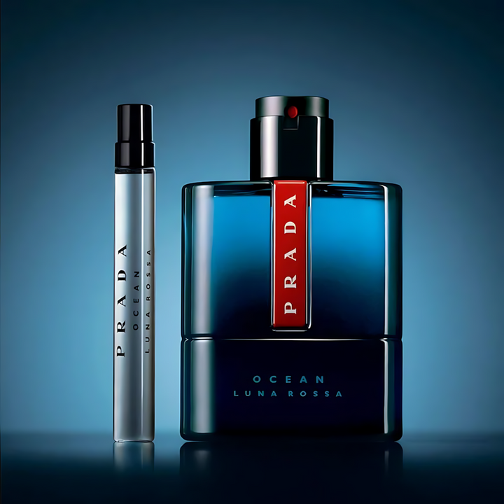 Prada Luna Rossa Ocean EDT for men, a neo-fresh aquatic fragrance in a blue gradient bottle with a red line detail.