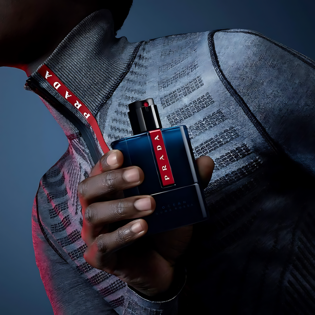 Prada Luna Rossa Ocean EDT for Men bottle with blue gradient finish and red line detail