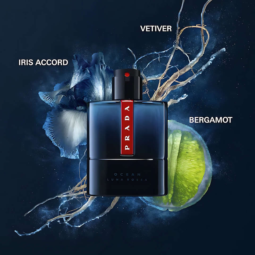 Prada Luna Rossa Ocean EDT for Men, a neo-fresh aquatic fragrance with bergamot, iris, and vetiver notes.