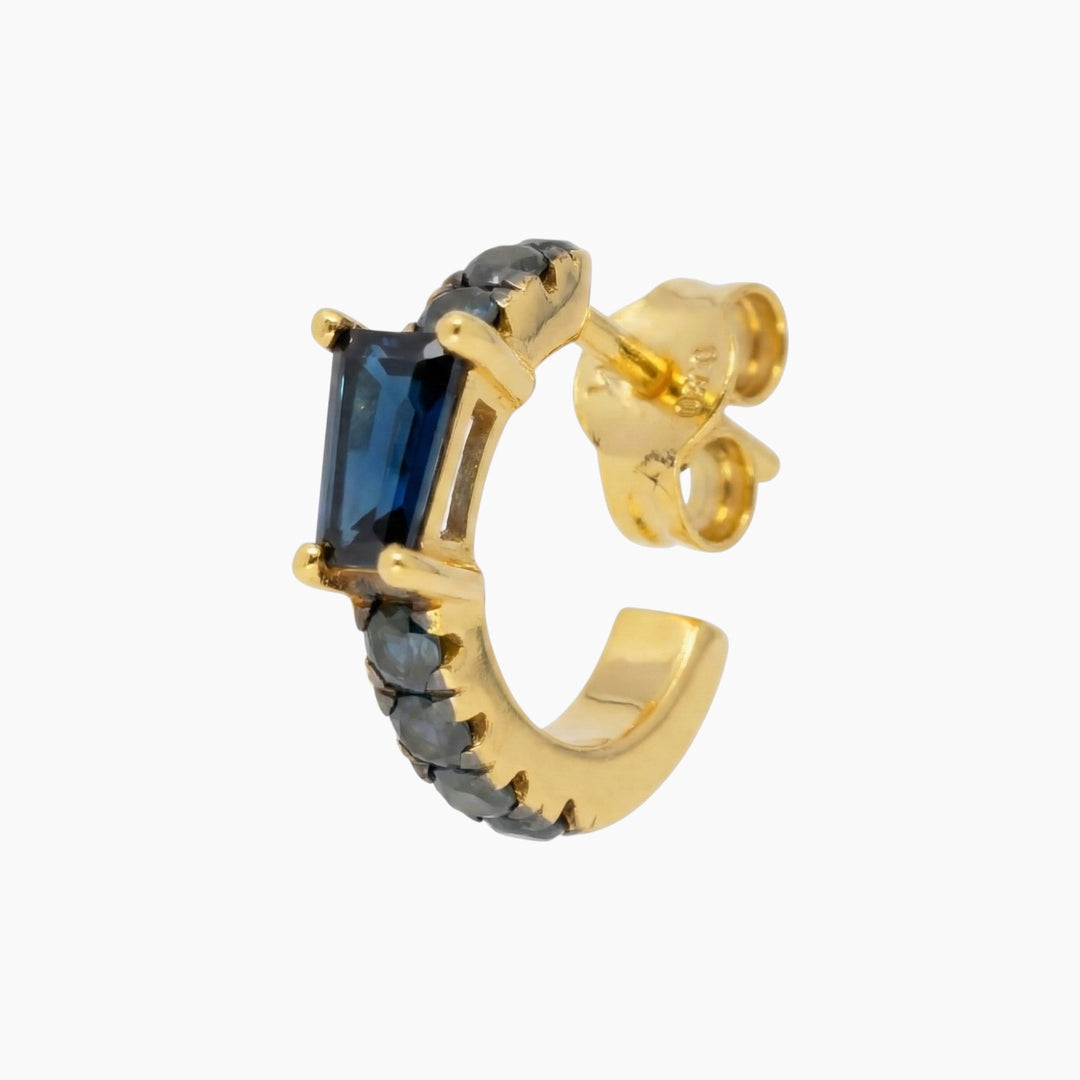 Gold hoop earrings with blue sapphire and black diamonds