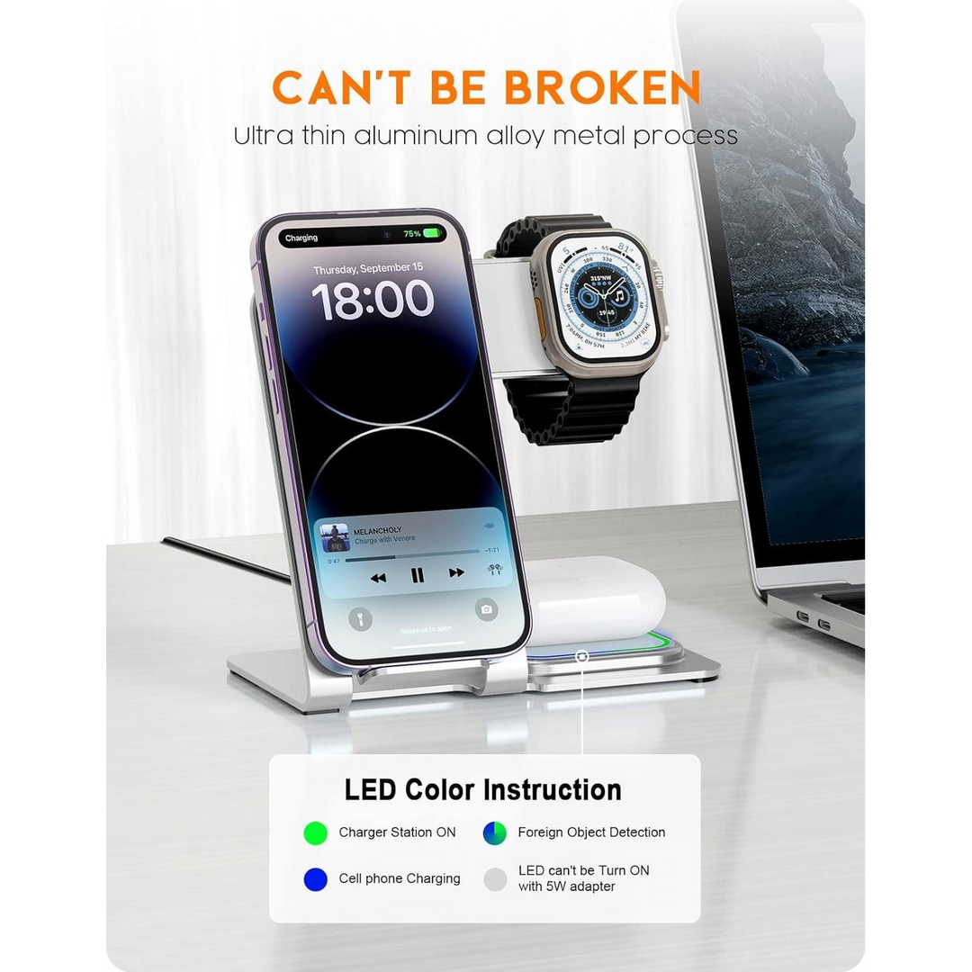 Qi2 3 in 1 aluminum wireless charging station with ambient light