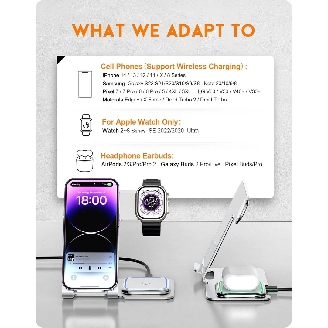 Qi2 3 in 1 Aluminum Wireless Charging Station with ambient light