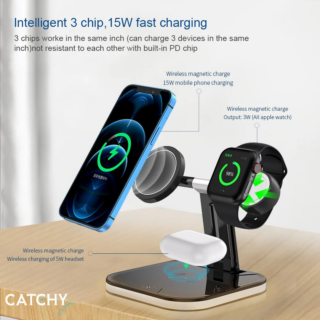 3-in-1 foldable wireless charging station with dynamic strip light