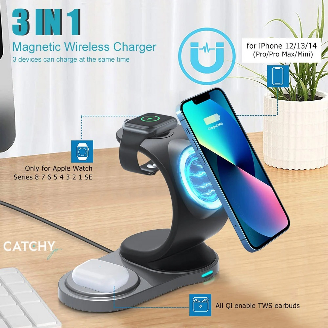 3 in 1 wireless charging stand with carved design