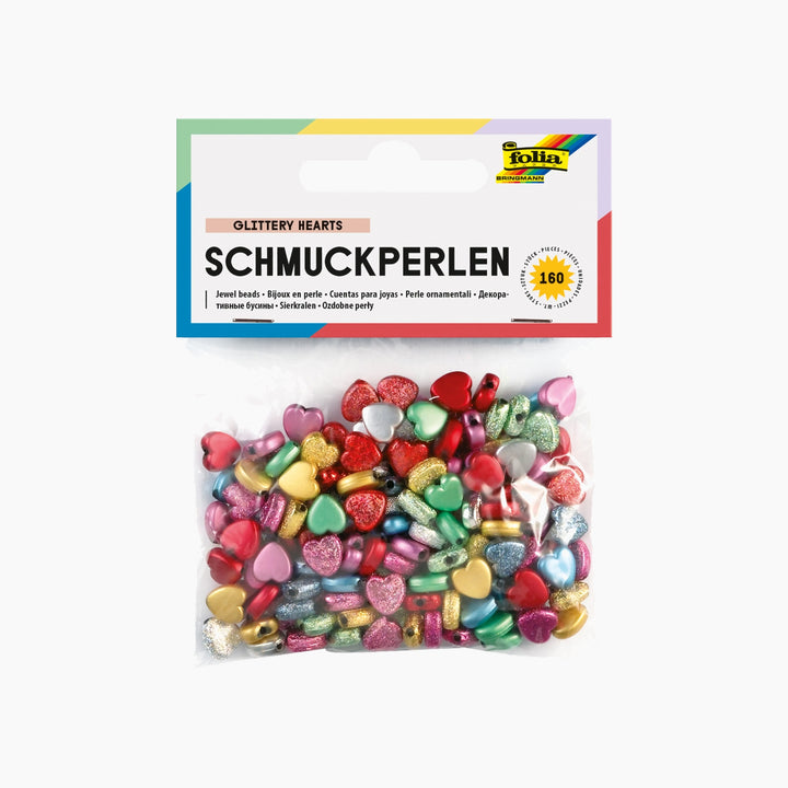 Folia Heart Jewel Beads – Smooth/Embossed, 160 Pieces, Assorted Colours