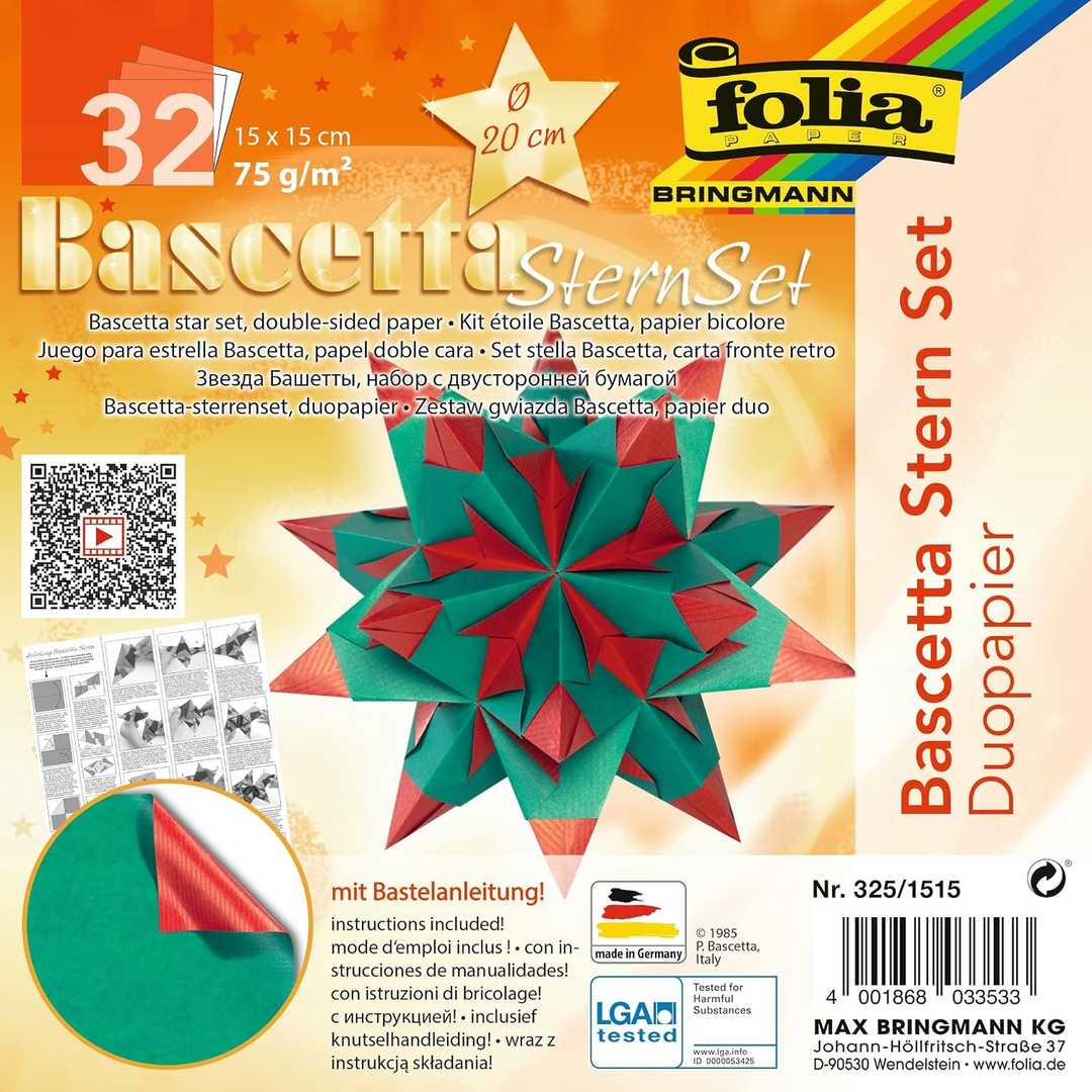 Folia Bascetta-Star Kit – Duo Paper, 75 g/m², 20 x 20 cm, 32 Sheets, Hot Red-Green