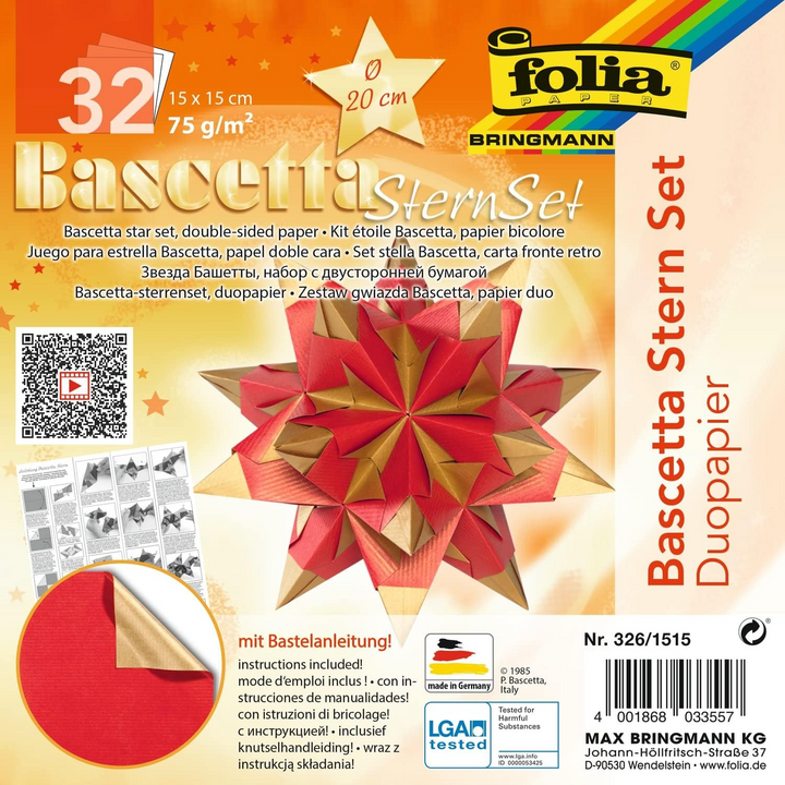 Folia Bascetta-Star Kit – Duo Paper, 75 g/m², 20 x 20 cm, 32 Sheets, Hot Red-Green