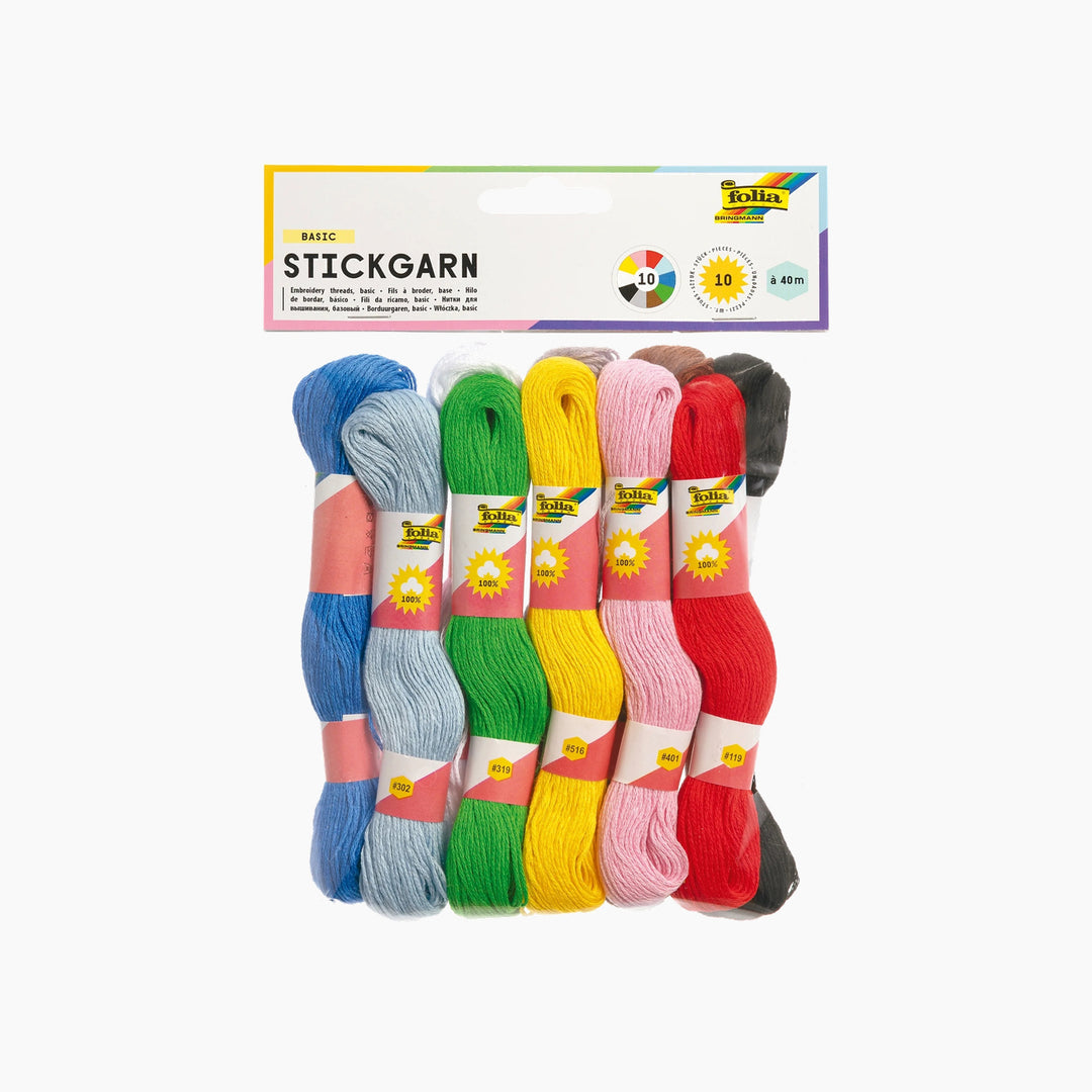 Folia Basic Embroidery Threads – 10 Pieces, 40 m Each, 10 Assorted Colours