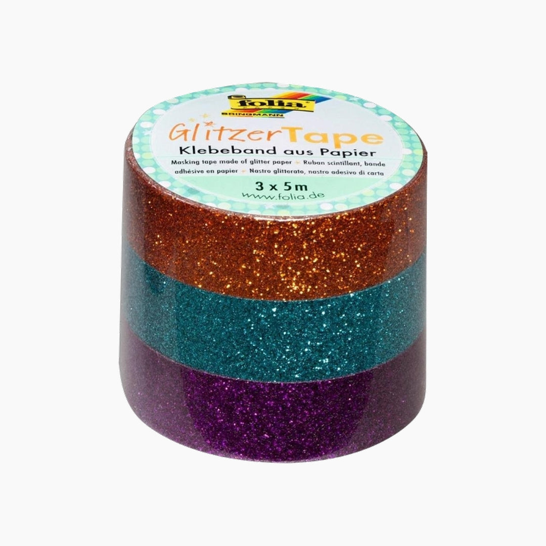 Folia Rough Glitter Tape Set – 3 Rolls, 5 m x 15 mm, Copper/Turquoise/Violet