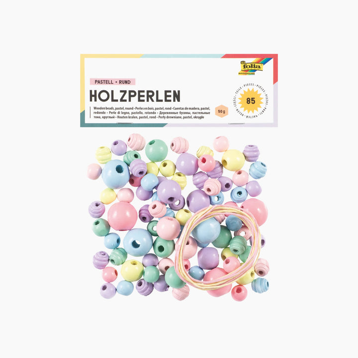 Folia Round Wooden Beads – Pastel, 50 g, 85 Pieces, Assorted Sizes and Colours