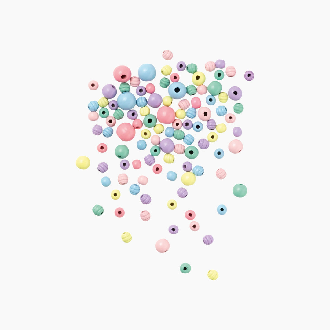 Folia Round Wooden Beads – Pastel, 50 g, 85 Pieces, Assorted Sizes and Colours