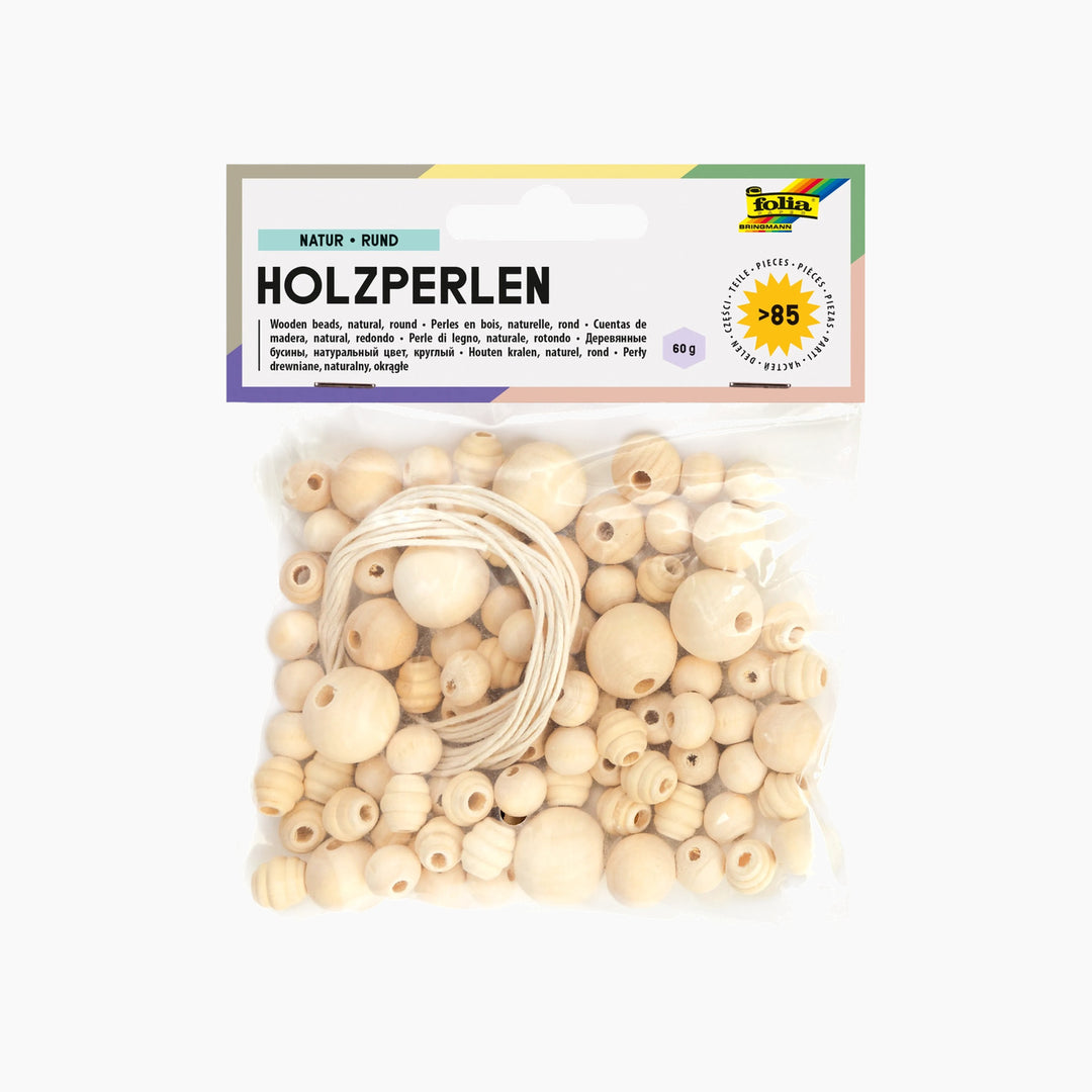 Folia Round Wooden Beads – Nature, 40 g, 85 Pieces, 4 Assorted Sizes