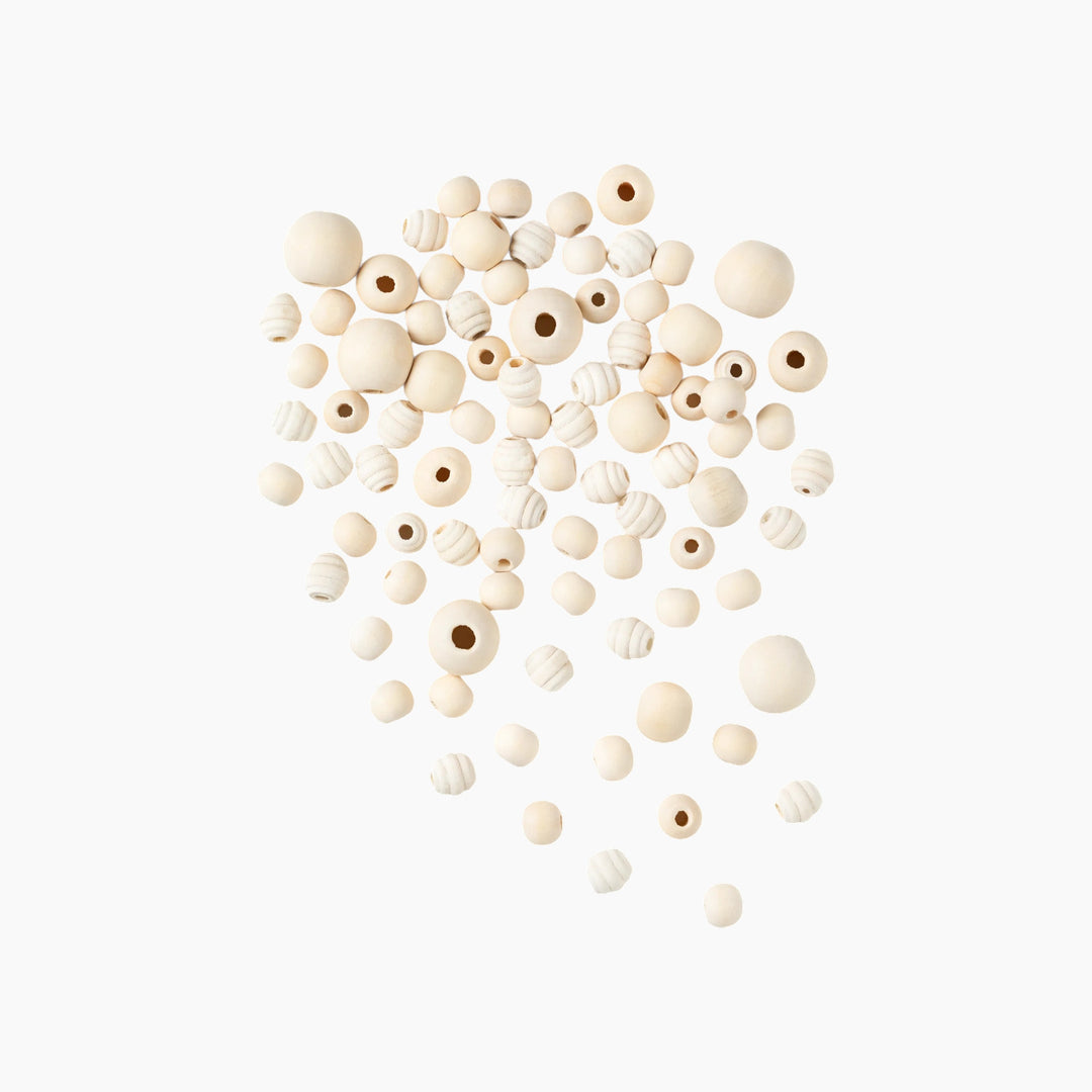 Folia Round Wooden Beads – Nature, 40 g, 85 Pieces, 4 Assorted Sizes