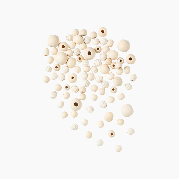 Folia Round Wooden Beads – Nature, 40 g, 85 Pieces, 4 Assorted Sizes