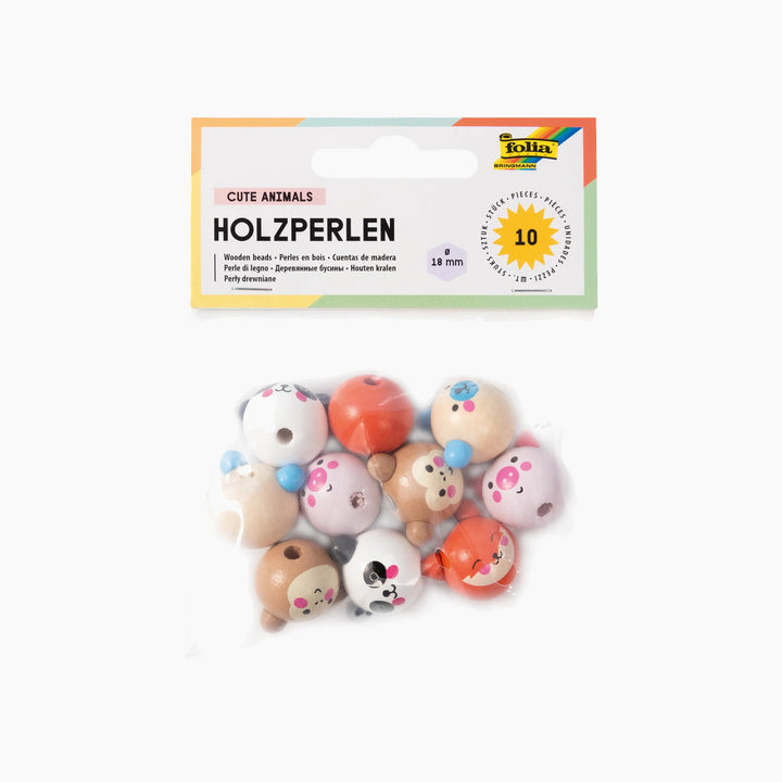 Folia Wooden Beads – Cute Animals, 10 Pieces, 5 Assorted Designs, Ø 18 mm
