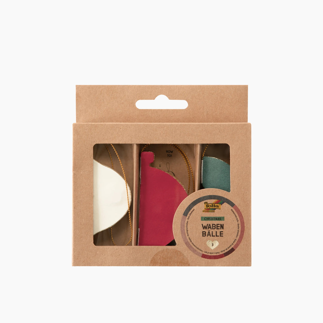 Folia Christmas Paper Baubles – 3 Pieces, Cream/Red/Green with Glitter, 7–8.5 cm