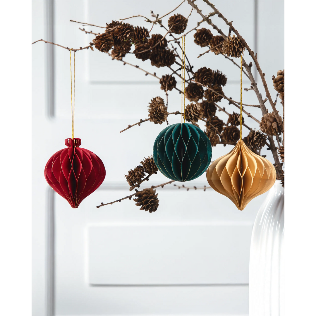 Folia Christmas Paper Baubles – 3 Pieces, Cream/Red/Green with Glitter, 7–8.5 cm