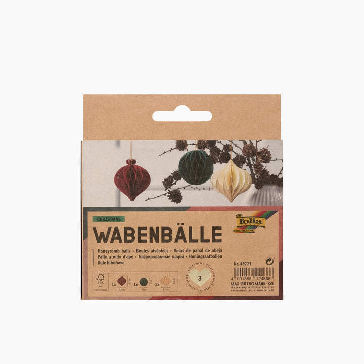 Folia Christmas Paper Baubles – 3 Pieces, Cream/Red/Green with Glitter, 7–8.5 cm