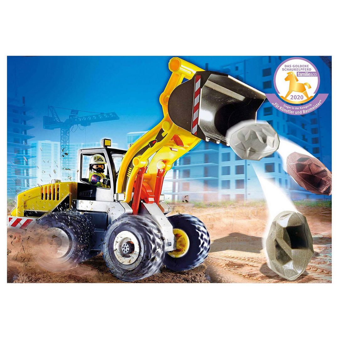 Playmobil wheel loader toy truck with construction worker figure