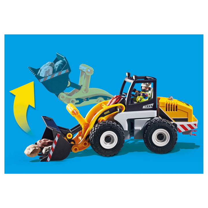 Playmobil wheel loader toy truck with construction worker figure