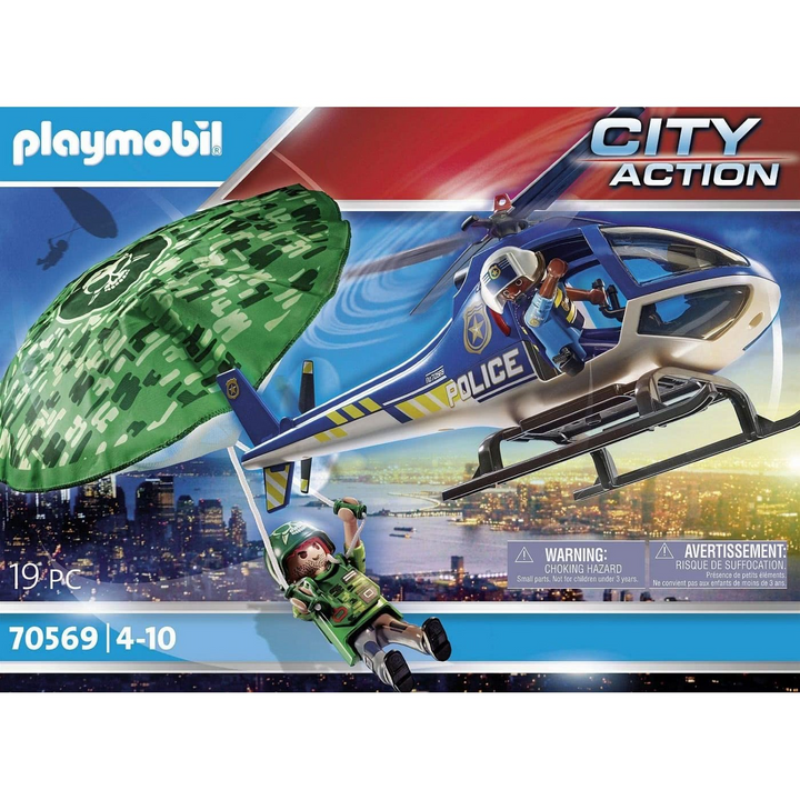 Playmobil police helicopter with functional parachute and two figures