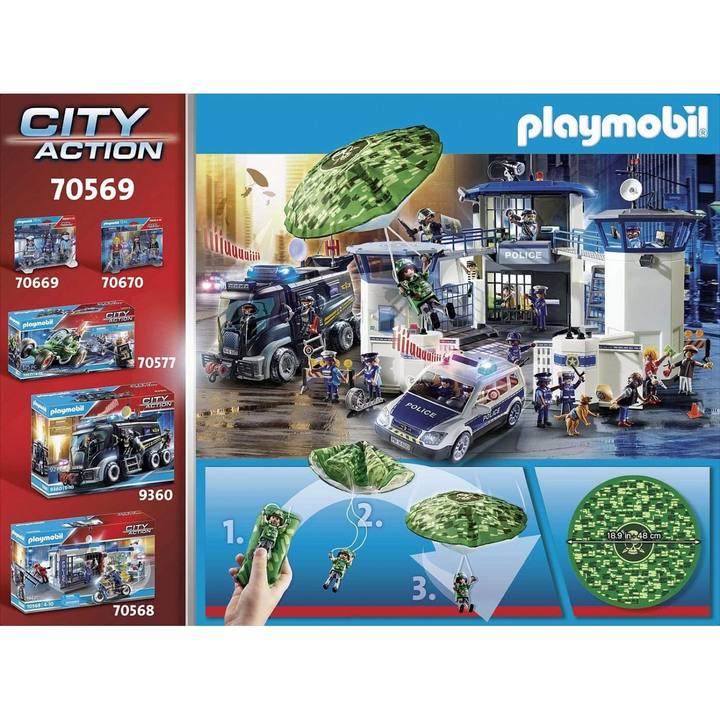 Playmobil police helicopter with functional parachute and two figures