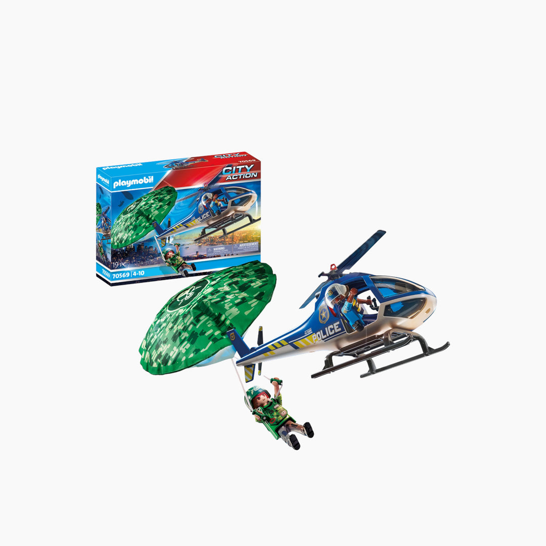 Playmobil police helicopter with functional parachute and two figures