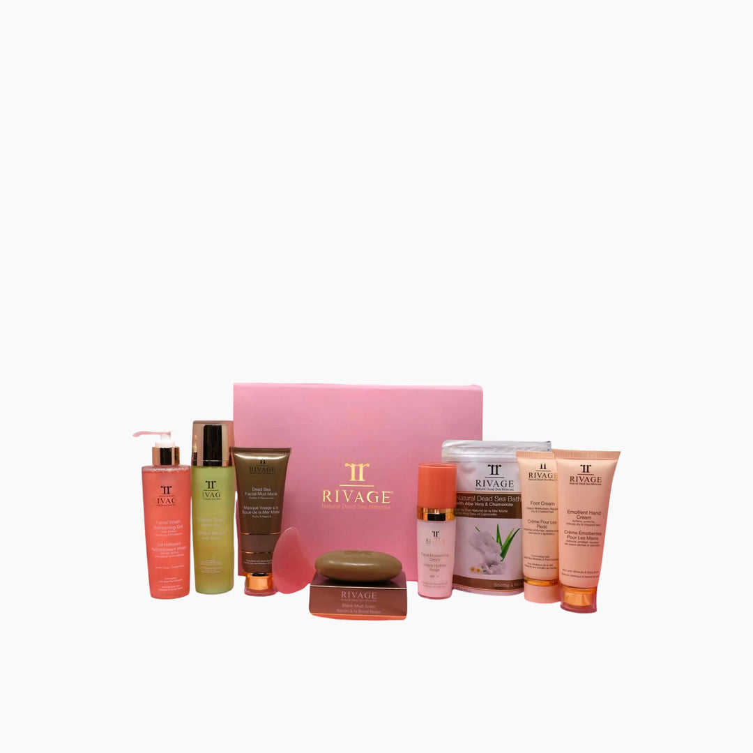 Rivage Glow With Love Gift Package with Dead Sea mud mask, wash gel, and toner