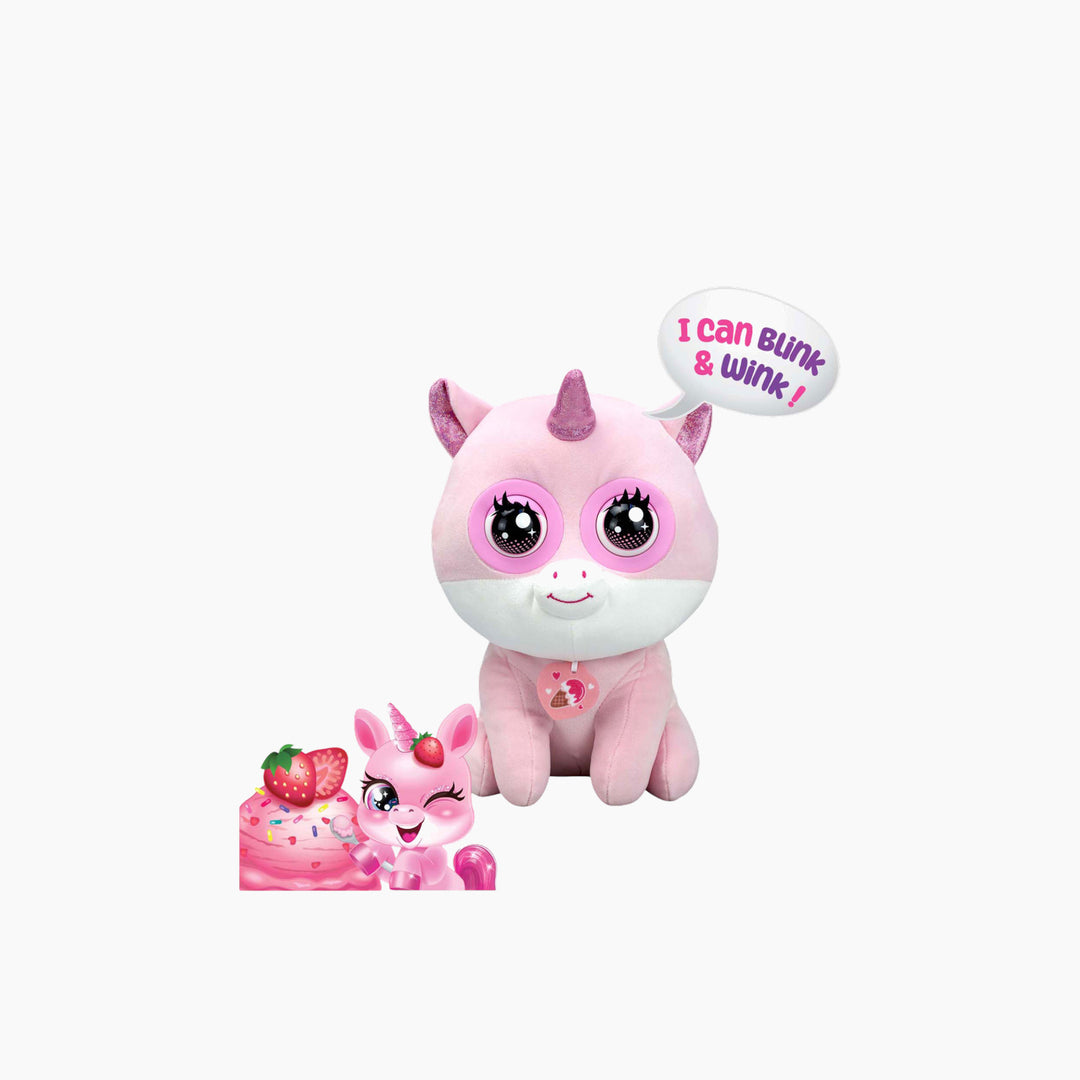 Silverlit Winksies pink strawberry unicorn stuffed animal in ice cream cup