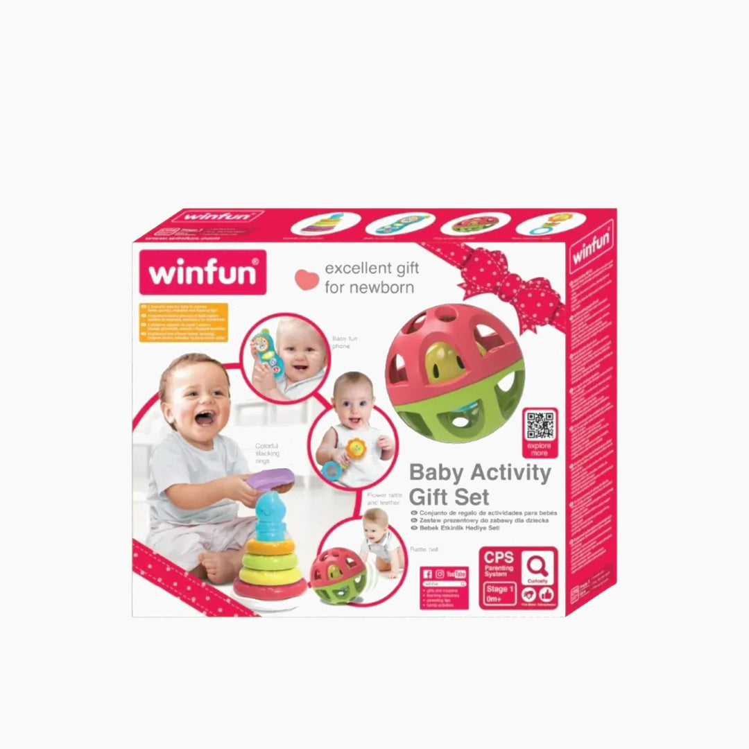 Winfun Baby Activity Gift Set with rattle ball, cake stacker, baby phone, and flower rattle