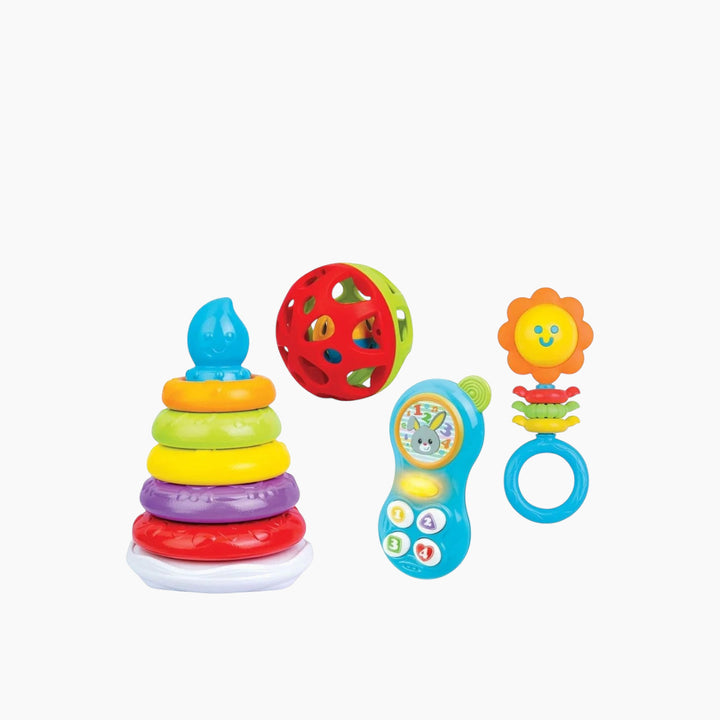 Winfun Baby Activity Gift Set with rattle ball, cake stacker, baby phone, and flower rattle