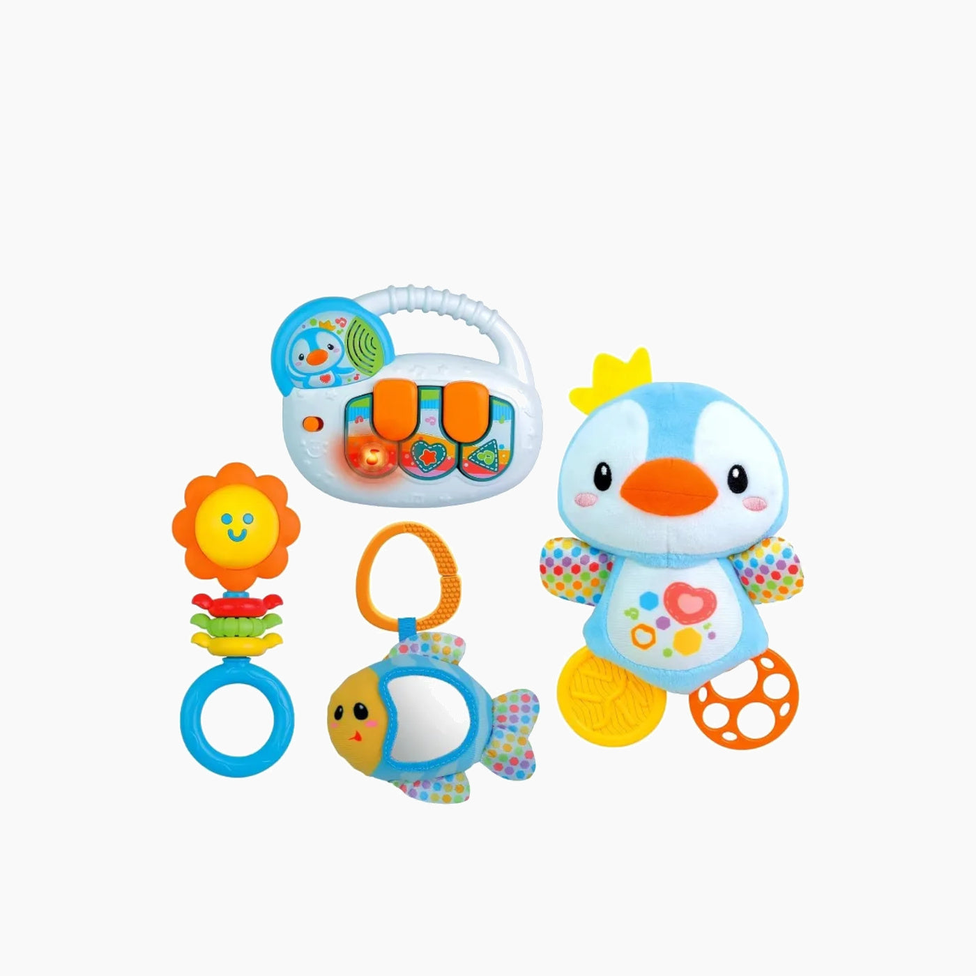 Winfun Newborn Baby Gift Set with musical keyboard, penguin, fish, and flower rattle