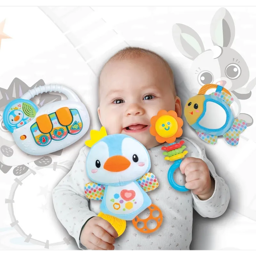 Winfun Newborn Baby Gift Set with musical keyboard, penguin, fish, and flower rattle