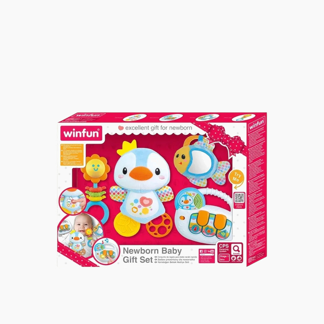 Winfun Newborn Baby Gift Set with musical keyboard, penguin, fish, and flower rattle