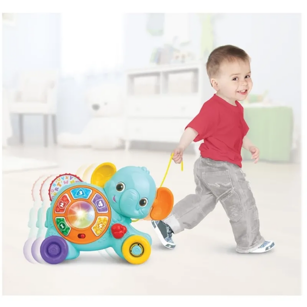 Pull-along elephant toy with Arabic language features